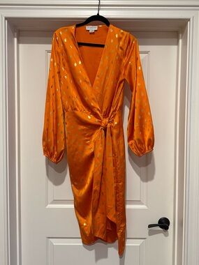 Never Fully Dressed Orange Wrap Dress with Gold Dot Detail